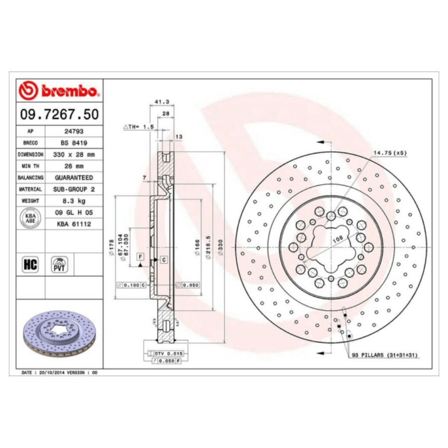 BREMBO 09.7267.50 Brake Disc for FERRARI 360 MODENA Perforated / Vented, High-carbon - 1 piece