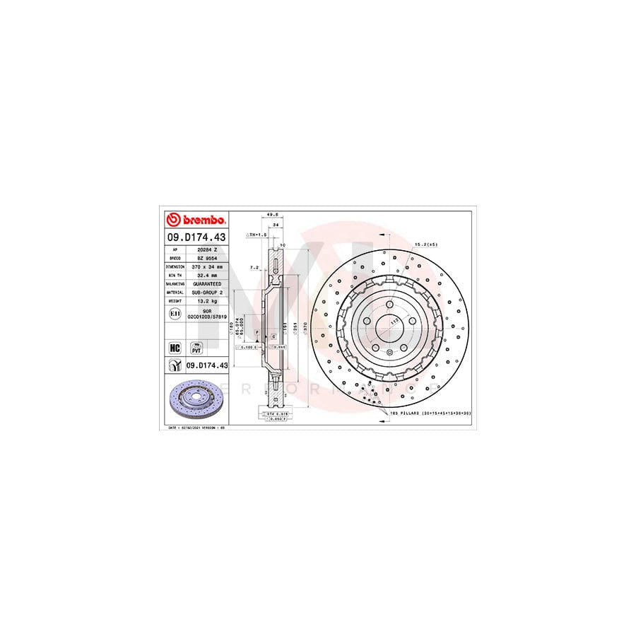 BREMBO 09.D174.43 Brake Disc for AUDI TT Internally Vented, Coated, High-carbon | ML Performance Car Parts