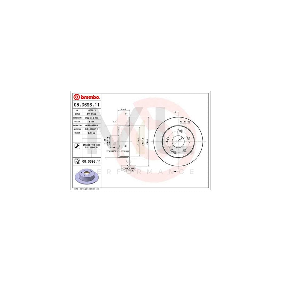 BREMBO 08.D696.11 Brake Disc for HONDA Integra III Coupe (DC5) Solid, Coated, with bolts/screws | ML Performance Car Parts