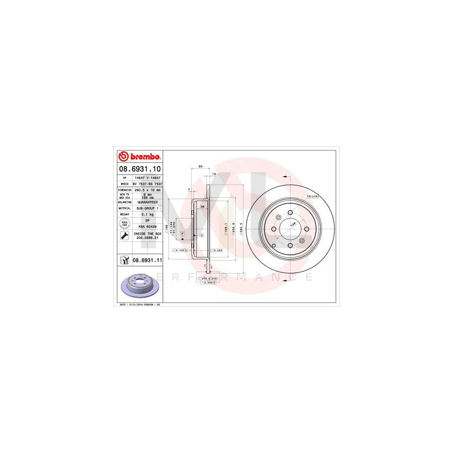 BREMBO 08.6931.10 Brake Disc for PEUGEOT 406 Solid, with bolts/screws | ML Performance Car Parts