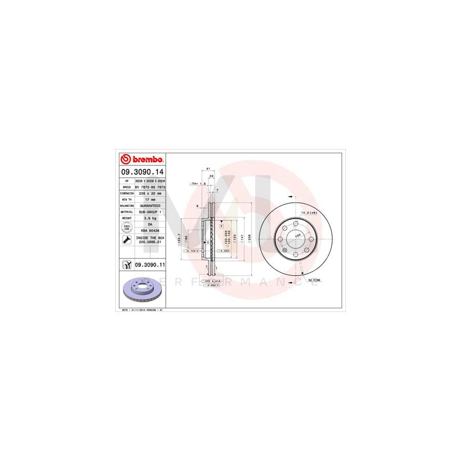 BREMBO 09.3090.14 Brake Disc Internally Vented, with bolts/screws | ML Performance Car Parts