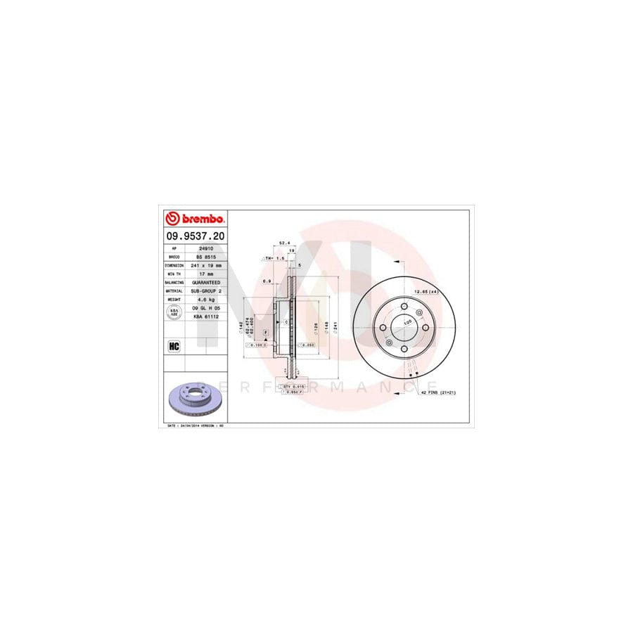 BREMBO 09.9537.20 Brake Disc Internally Vented, High-carbon | ML Performance Car Parts