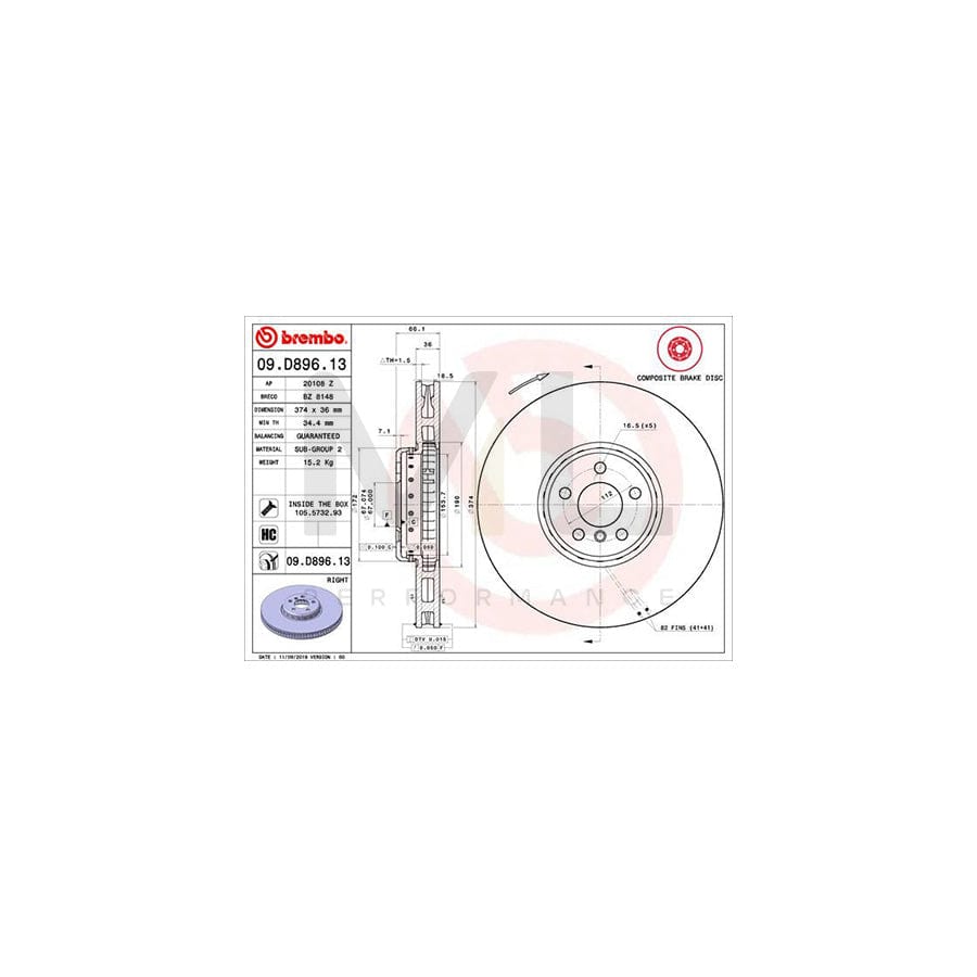 BREMBO 09.D896.13 Brake Disc Internally Vented, Coated, High-carbon, with bolts/screws | ML Performance Car Parts