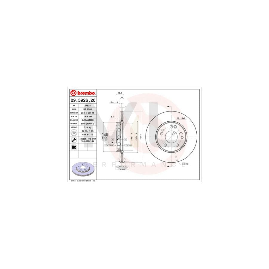 BREMBO 09.5926.20 Brake Disc Internally Vented, High-carbon, with bolts/screws | ML Performance Car Parts