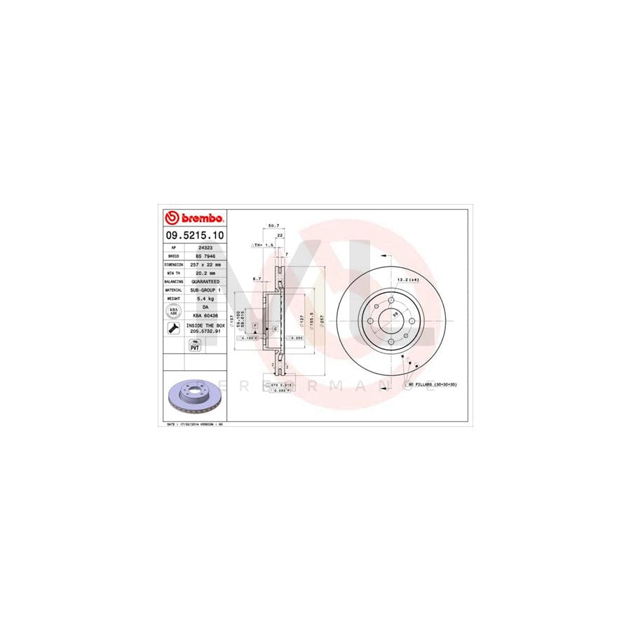 BREMBO 09.5215.10 Brake Disc Internally Vented, with bolts/screws | ML Performance Car Parts