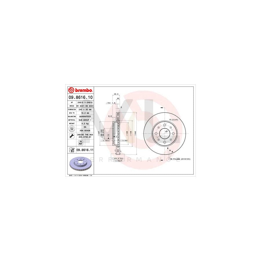 BREMBO 09.8616.10 Brake Disc Internally Vented, with bolts/screws | ML Performance Car Parts