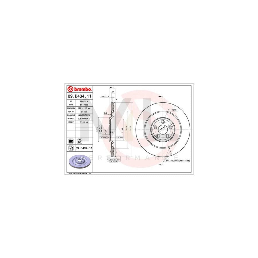 BREMBO 09.D434.11 Brake Disc Internally Vented, Coated, High-carbon | ML Performance Car Parts