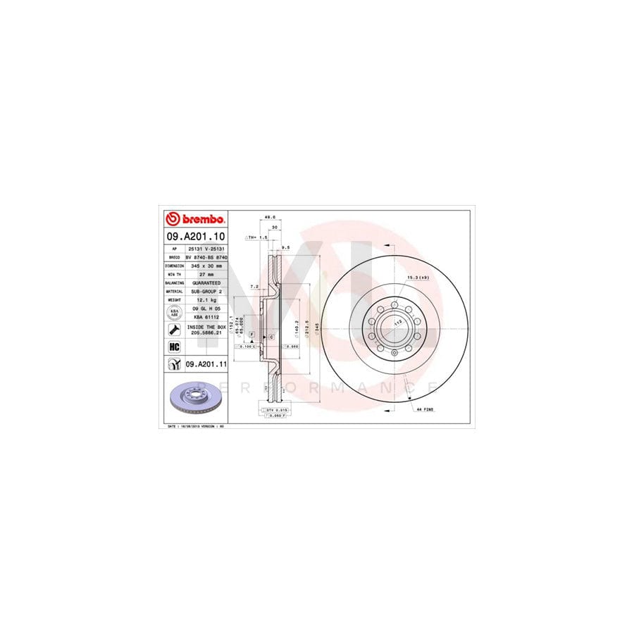 BREMBO 09.A201.10 Brake Disc Internally Vented, High-carbon, with bolts/screws | ML Performance Car Parts