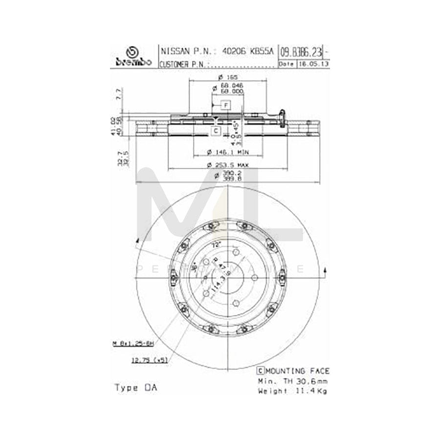 BREMBO TWO-PIECE FLOATING DISCS LINE 09.B386.23 Brake Disc for NISSAN GT-R (R35) Internally Vented, Two-piece brake disc, Coated, High-carbon | ML Performance Car Parts