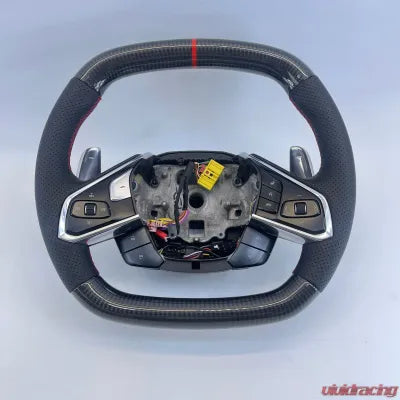 Vivid Racing VR-C8-STRWHL-GCF-RD Corvette C8 OEM Upgraded Steering Wheel Gloss Carbon Preforated Grips Red Stripe
