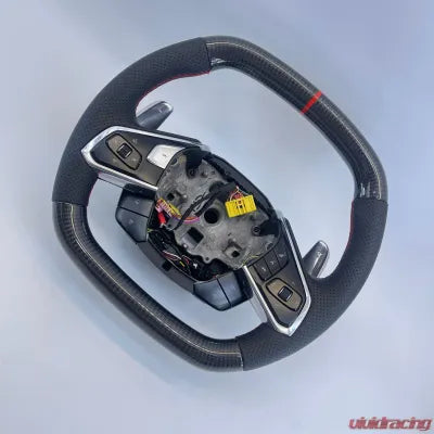 Vivid Racing VR-C8-STRWHL-GCF-RD Corvette C8 OEM Upgraded Steering Wheel Gloss Carbon Preforated Grips Red Stripe