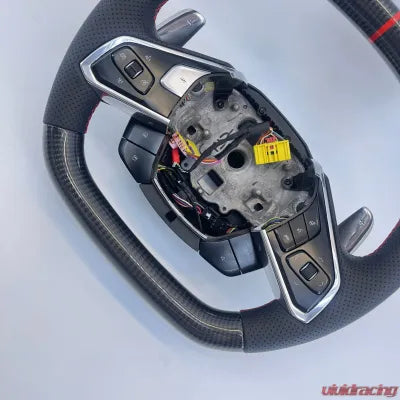 Vivid Racing VR-C8-STRWHL-GCF-RD Corvette C8 OEM Upgraded Steering Wheel Gloss Carbon Preforated Grips Red Stripe