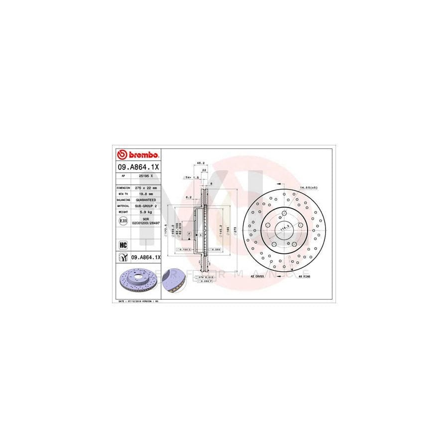 BREMBO 09.A864.1X Brake Disc Perforated / Vented, Coated, High-carbon | ML Performance Car Parts