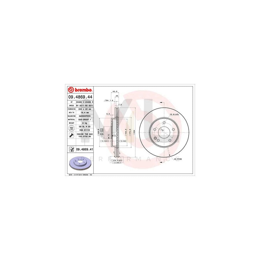 BREMBO 09.4869.44 Brake Disc suitable for MERCEDES-BENZ C-Class Internally Vented, with bolts/screws | ML Performance Car Parts