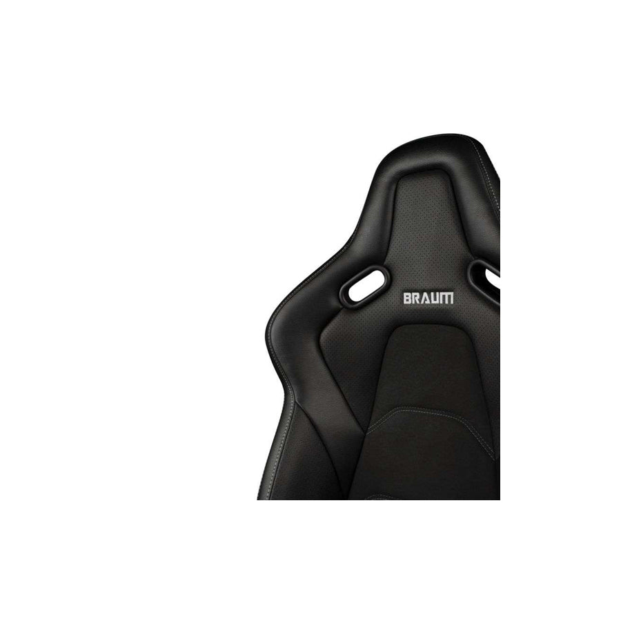 BRAUM Falcon-S Series Fixed Back Bucket Composite Seat (Black Leatherette Alcantara Inserts White Stitching) - Priced Per Seat