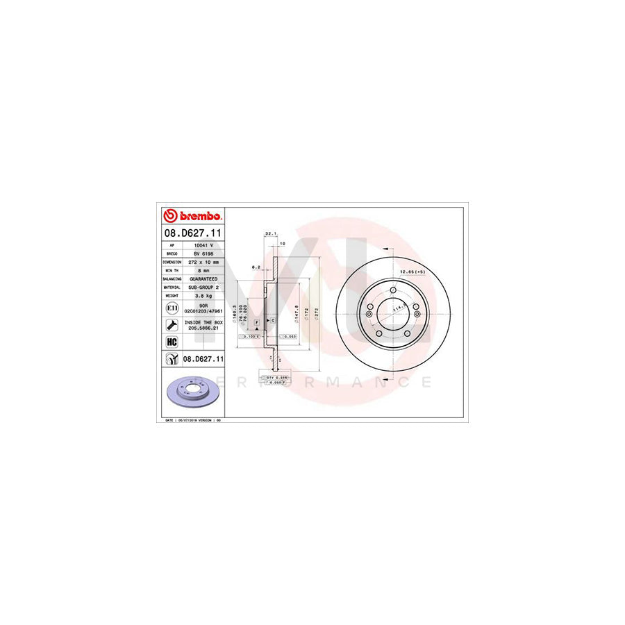 BREMBO 08.D627.11 Brake Disc Solid, Coated, High-carbon, with bolts/screws | ML Performance Car Parts
