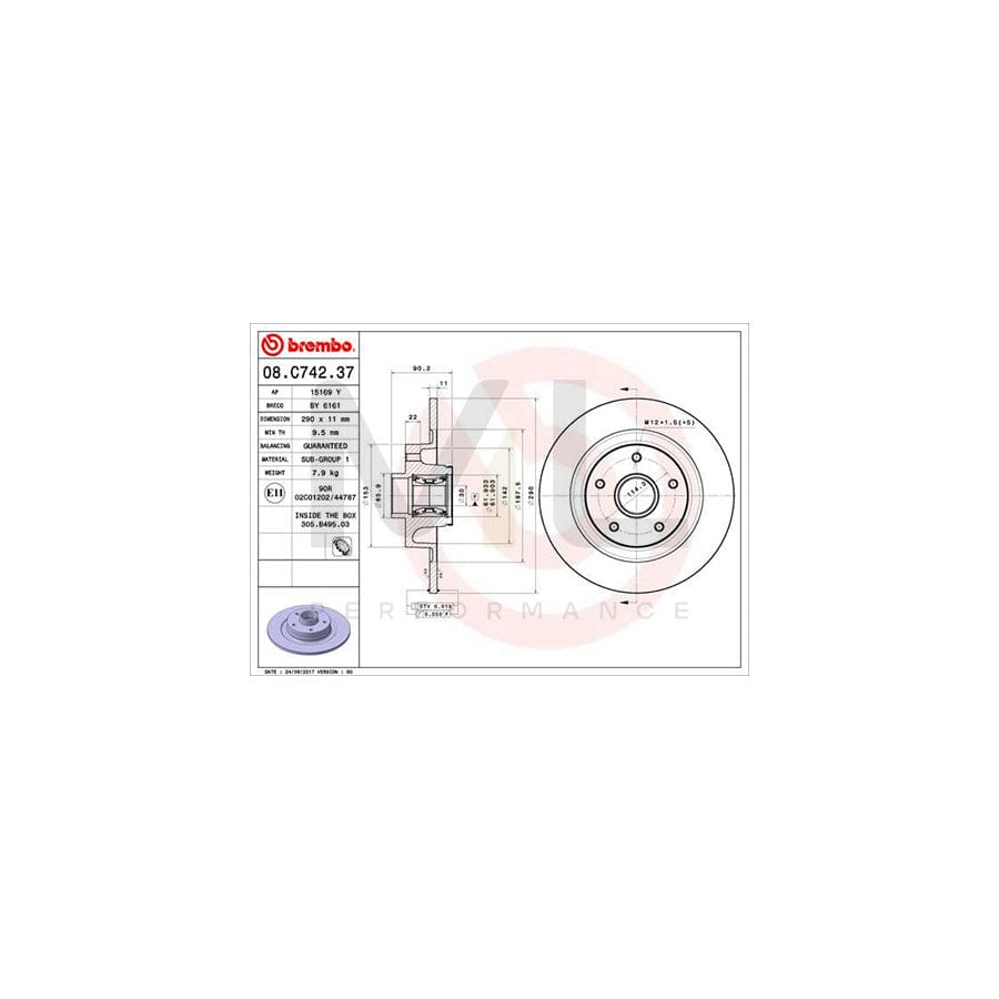 BREMBO 08.C742.37 Brake Disc for RENAULT Grand Sc???nic III (JZ) Solid, with ABS sensor ring, with bolts/screws, with wheel bearing set | ML Performance Car Parts