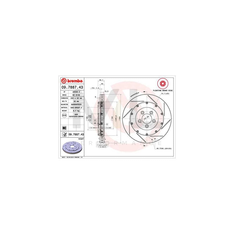 BREMBO 09.7887.43 Brake Disc for ASTON MARTIN Vanquish I Vantage (R2) Internally Vented, Slotted, Coated, High-carbon | ML Performance Car Parts