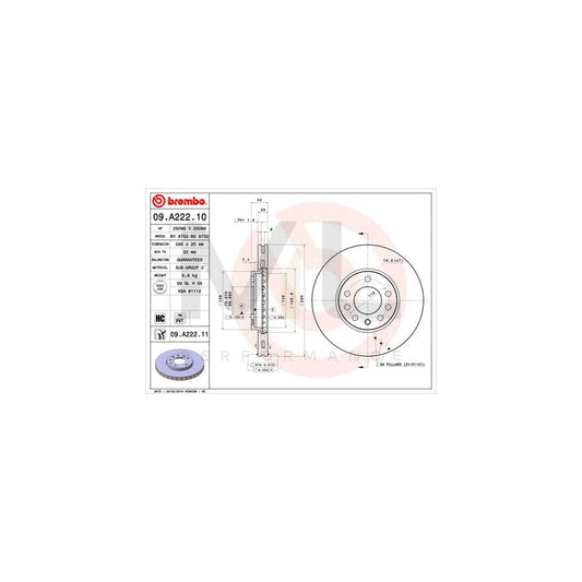 BREMBO 09.A222.10 Brake Disc for FIAT CROMA Internally Vented, High-carbon | ML Performance Car Parts
