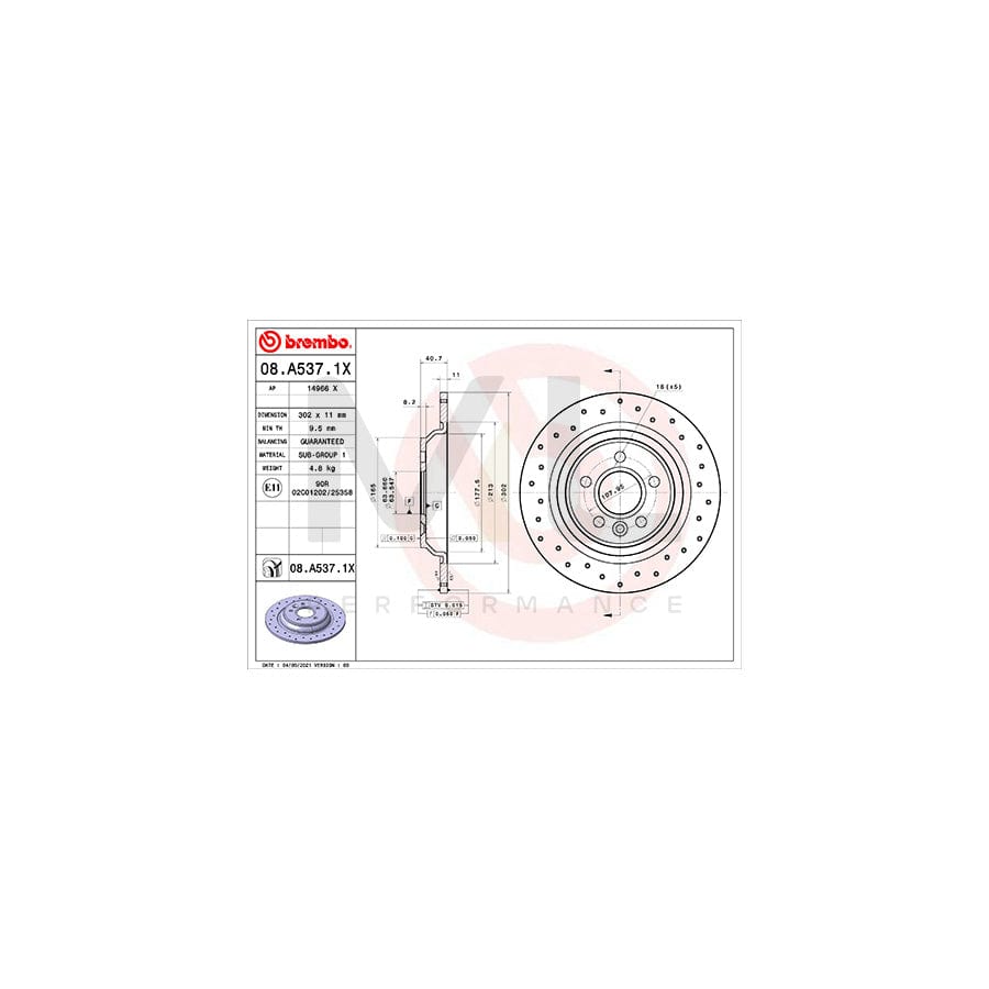 BREMBO 08.A537.1X Brake Disc Perforated, Solid, Coated | ML Performance Car Parts