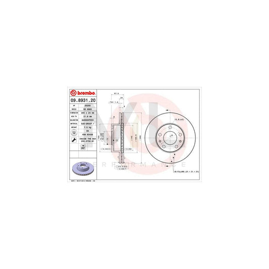 BREMBO 09.8931.20 Brake Disc Internally Vented, with bolts/screws | ML Performance Car Parts