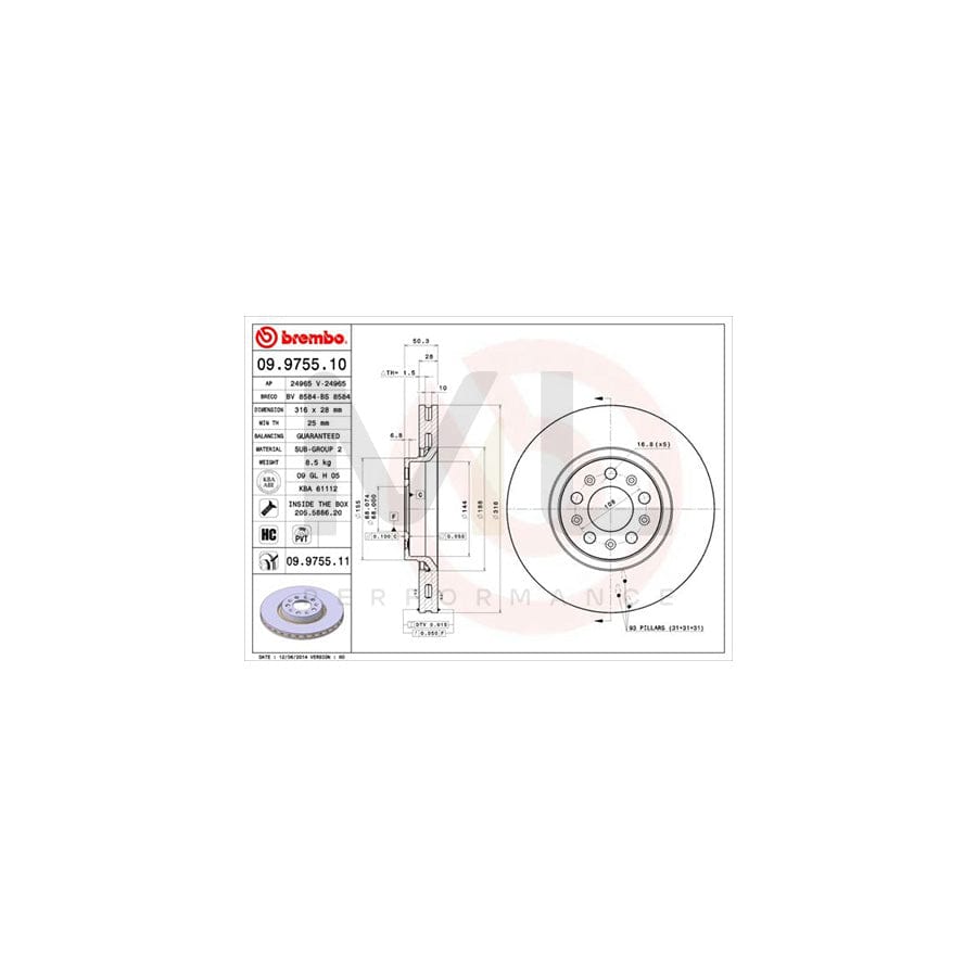 BREMBO 09.9755.10 Brake Disc Internally Vented, High-carbon, with bolts/screws | ML Performance Car Parts