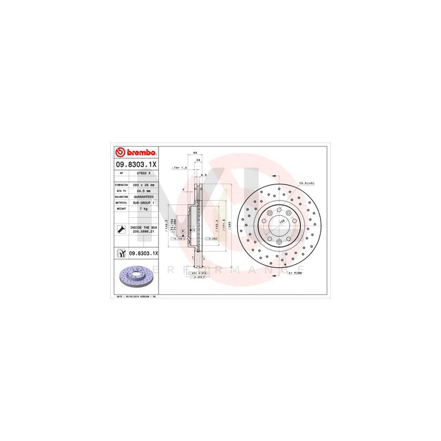 BREMBO XTRA LINE 09.8303.1X Brake Disc Perforated / Vented, Coated, with bolts/screws | ML Performance Car Parts