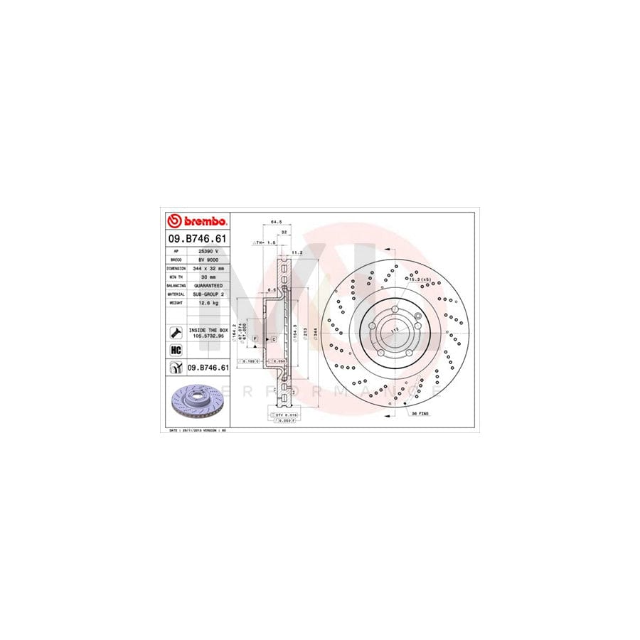 BREMBO COATED DISC LINE 09.B746.61 Brake Disc suitable for MERCEDES-BENZ E-Class Perforated / Vented, Coated, High-carbon, with bolts/screws | ML Performance Car Parts