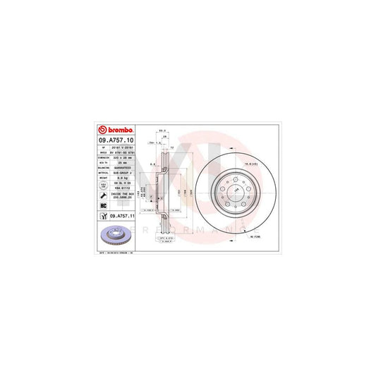 BREMBO COATED DISC LINE 09.A757.11 Brake Disc Internally Vented, Coated, High-carbon, with bolts/screws | ML Performance Car Parts
