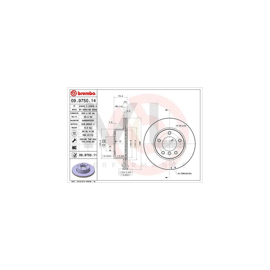 BREMBO 09.9750.14 Brake Disc for BMW 1 Series Internally Vented, High-carbon, with bolts/screws | ML Performance Car Parts