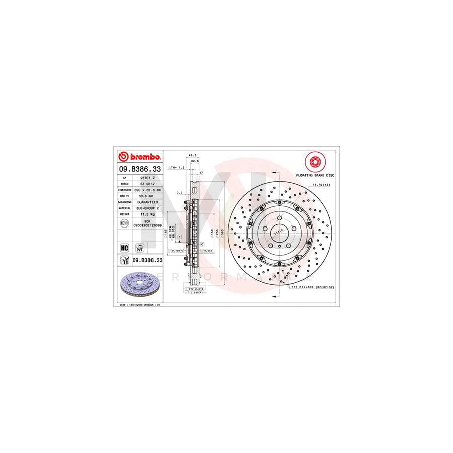 BREMBO 09.B386.33 Brake Disc for NISSAN GT-R (R35) Perforated / Vented, Two-piece brake disc, Coated, High-carbon | ML Performance Car Parts