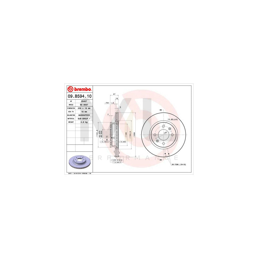 BREMBO 09.B594.10 Brake Disc for HYUNDAI i20 I Hatchback (PB) Internally Vented | ML Performance Car Parts