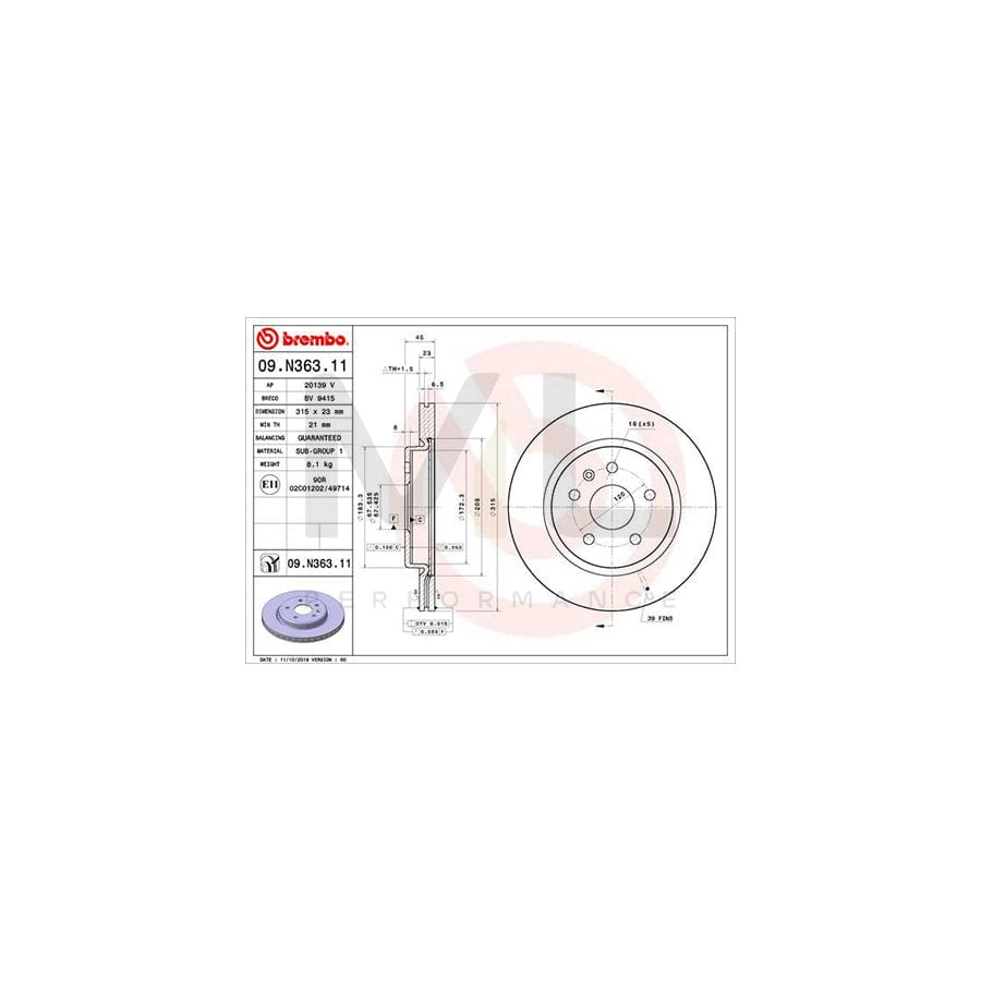 BREMBO 09.N363.11 Brake Disc Internally Vented, Coated | ML Performance Car Parts