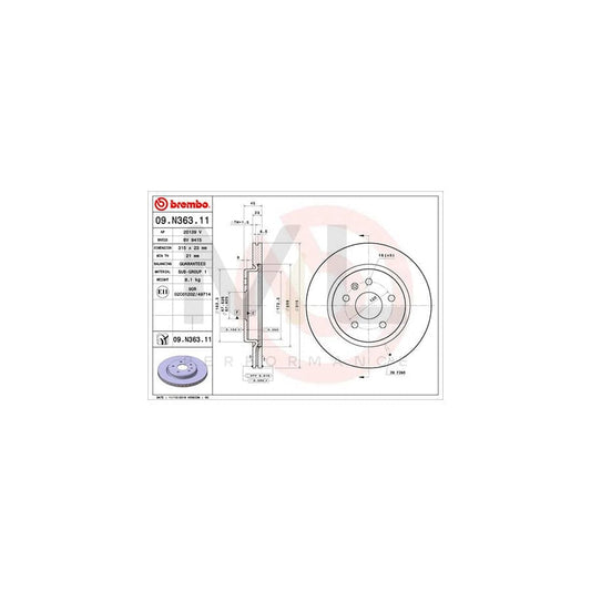 BREMBO 09.N363.11 Brake Disc Internally Vented, Coated | ML Performance Car Parts