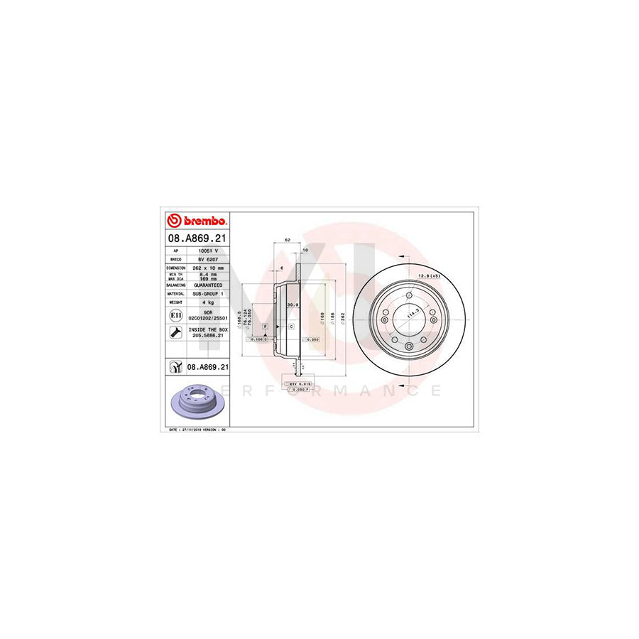 BREMBO 08.A869.21 Brake Disc for HYUNDAI SONATA Solid, Coated, with bolts/screws | ML Performance Car Parts