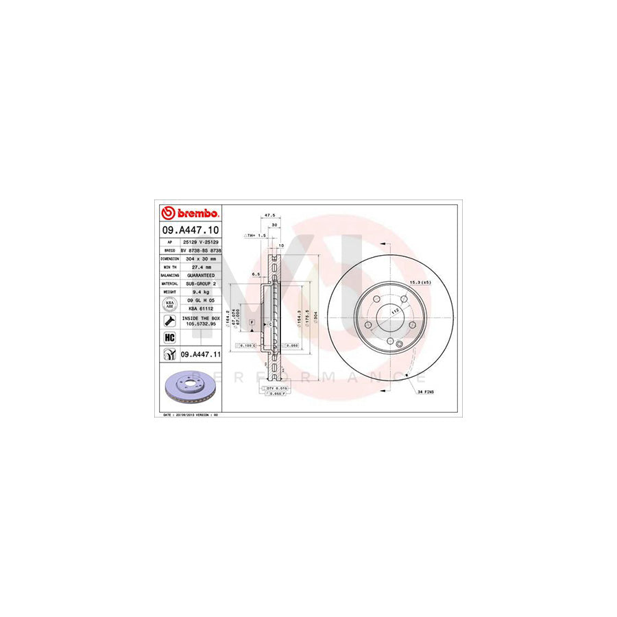 BREMBO 09.A447.10 Brake Disc suitable for MERCEDES-BENZ E-Class Internally Vented, High-carbon, with bolts/screws | ML Performance Car Parts
