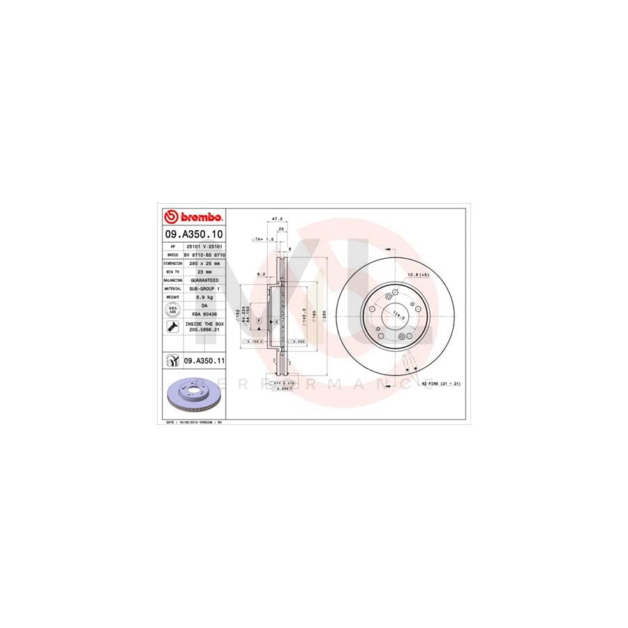 BREMBO 09.A350.10 Brake Disc for HONDA ACCORD Internally Vented, with bolts/screws | ML Performance Car Parts