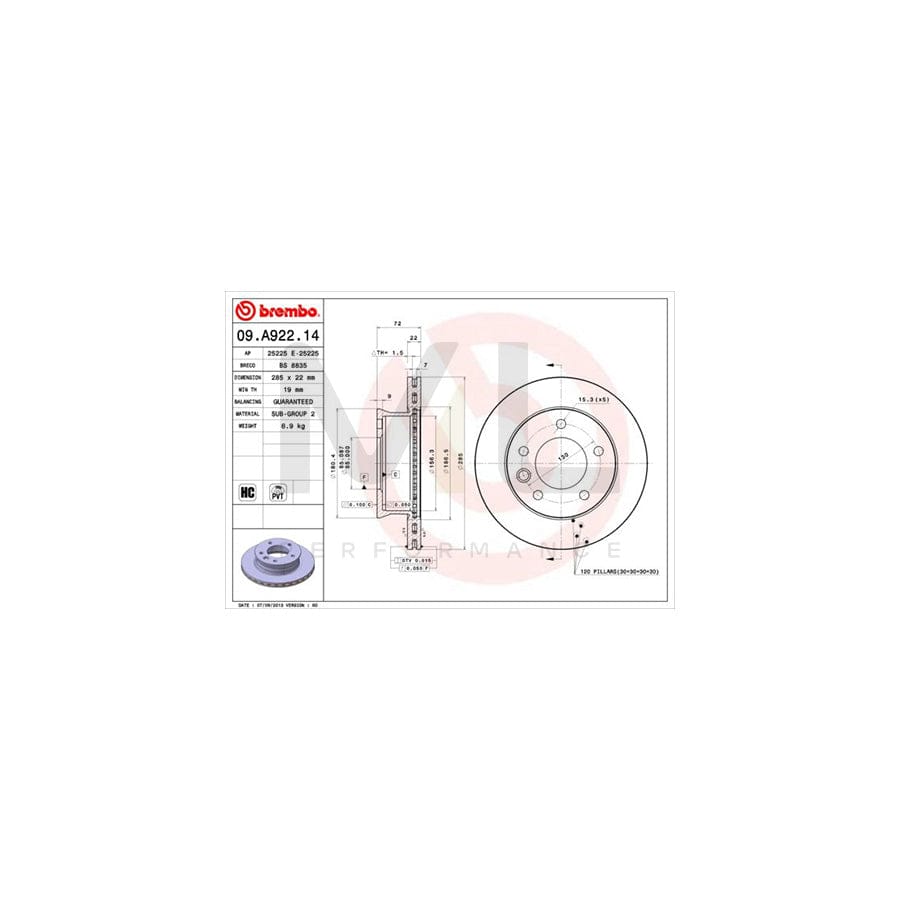 BREMBO 09.A922.14 Brake Disc suitable for MERCEDES-BENZ SPRINTER Internally Vented, High-carbon | ML Performance Car Parts