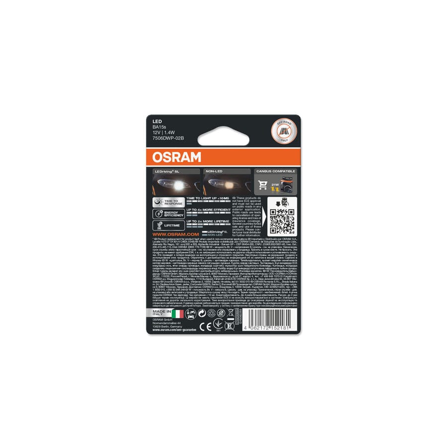 OSRAM  LED P21W Cool White Retrofit Bulbs 12v 1.4W BA15s (382 21W) 7506DWP-02B