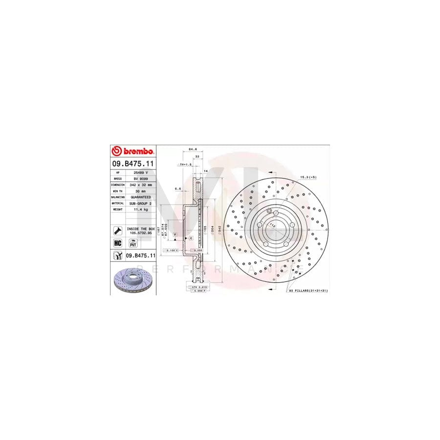 BREMBO COATED DISC LINE 09.B475.11 Brake Disc suitable for MERCEDES-BENZ SL Convertible (R231) Perforated / Vented, Coated, High-carbon, with bolts/screws | ML Performance Car Parts