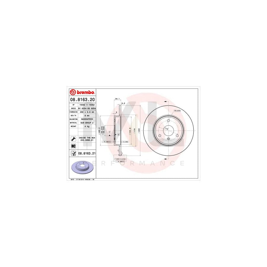 BREMBO 08.8163.20 Brake Disc for SMART FORTWO Solid, High-carbon, with bolts/screws | ML Performance Car Parts
