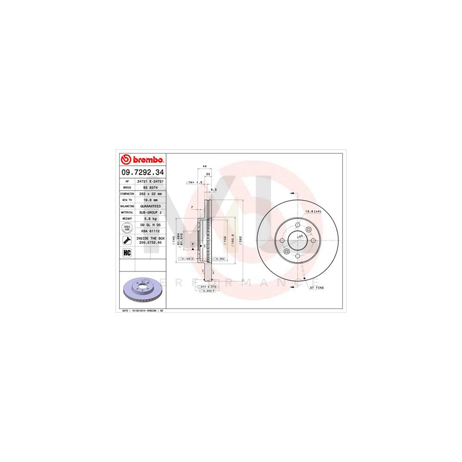 BREMBO 09.7292.34 Brake Disc Internally Vented, with bolts/screws | ML Performance Car Parts