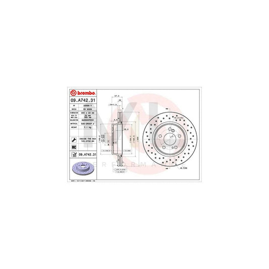 BREMBO 09.A742.31 Brake Disc suitable for MERCEDES-BENZ SL Convertible (R129) Perforated / Vented, Coated, High-carbon, with bolts/screws | ML Performance Car Parts