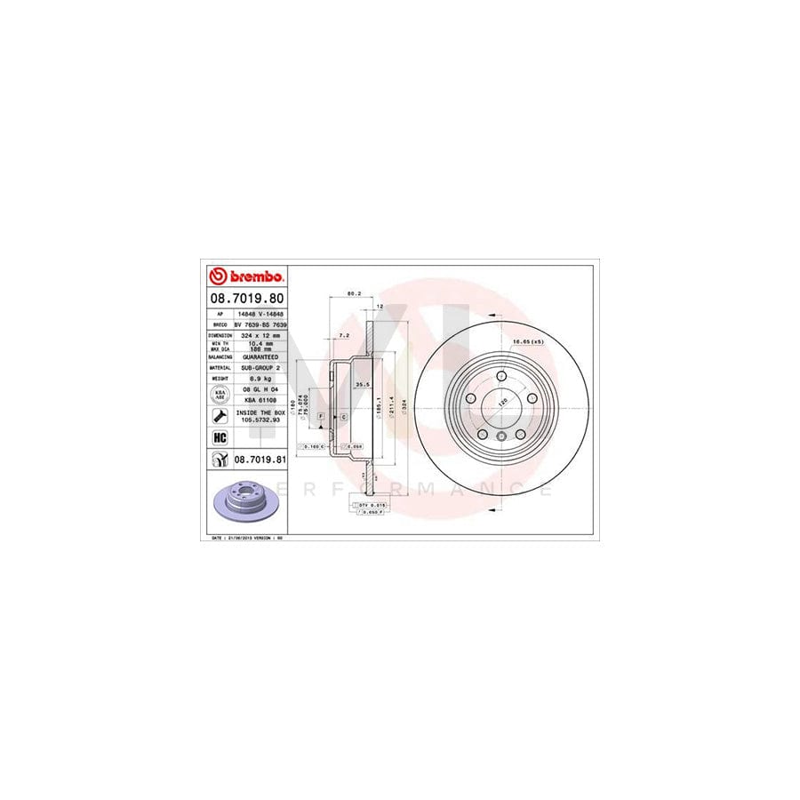 BREMBO 08.7019.80 Brake Disc for BMW X5 (E53) Solid, High-carbon, with bolts/screws | ML Performance Car Parts