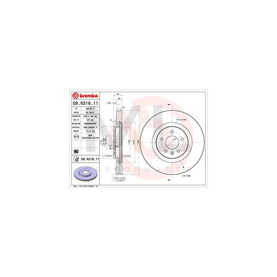 BREMBO 09.N316.11 Brake Disc Internally Vented, Coated, High-carbon | ML Performance Car Parts