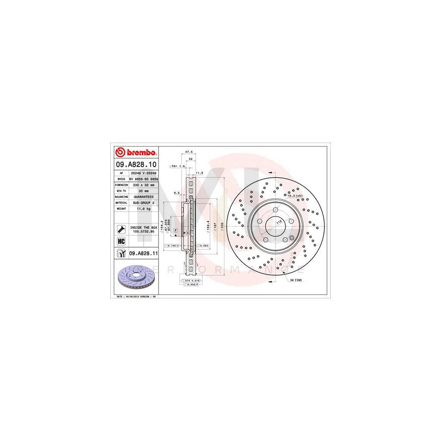 BREMBO 09.A828.10 Brake Disc Perforated / Vented, High-carbon, with bolts/screws | ML Performance Car Parts