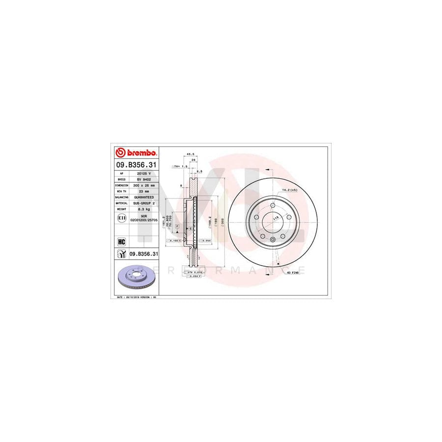BREMBO 09.B356.31 Brake Disc Internally Vented, Coated, High-carbon | ML Performance Car Parts