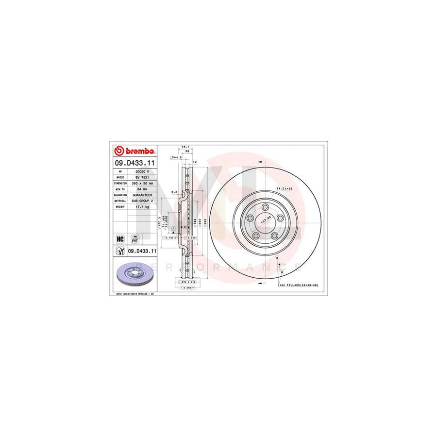 BREMBO 09.D433.11 Brake Disc Internally Vented, Coated, High-carbon | ML Performance Car Parts