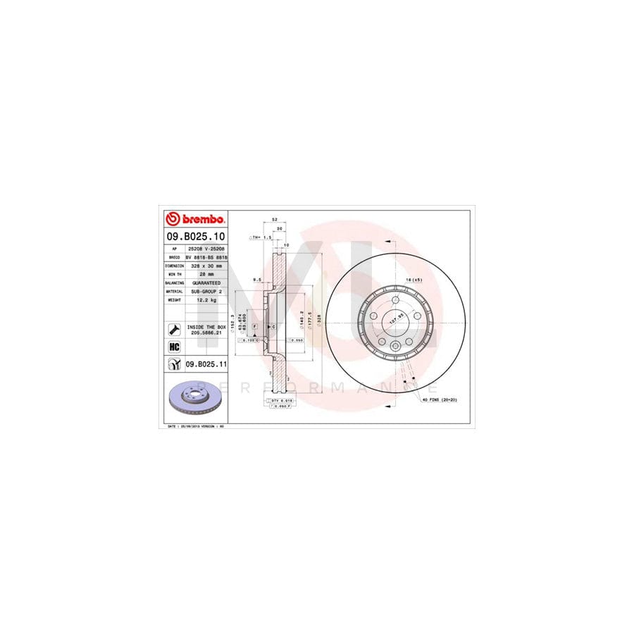 BREMBO 09.B025.10 Brake Disc for VOLVO XC60 I (156) Internally Vented, High-carbon, with bolts/screws | ML Performance Car Parts