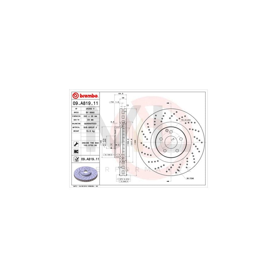 BREMBO COATED DISC LINE 09.A819.11 Brake Disc Perforated / Vented, Coated, High-carbon, with bolts/screws | ML Performance Car Parts